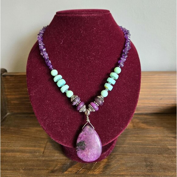 Chunky Multistone Necklace w Sugilite Pendant & Sterling Silver Purple & Aqua - Picture 1 of 9